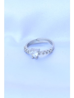 Marsilyan Pirinç Gümüş Renk Ayarlanabilir Zirkon Taşlı Minimal Kalp Yüzük