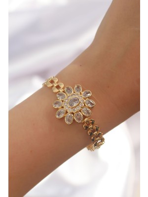 Marsilyan Pirinç Gold Renk Iri Zirkon Taşlı Çiçek Figürlü Bileklik
