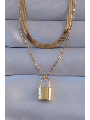 Marsilyan 316L Çelik Gold Renk Çift Zincir Kilit Model Kolye