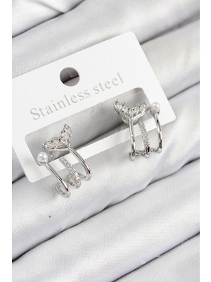 Marsilyan Pirinç Zirkon Taşlı Inci Detaylı Balık Kuyruğu Model Gümüş Renk Kadın Küpe