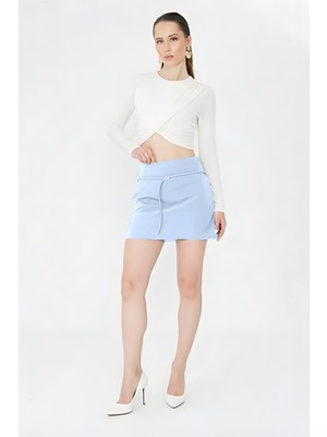 La Pante Şort Etek Kadın Şortlu Etek Mini Metal Tokalı Kemerli Kuşaklı Yandan Fermuarlı Mavi Kumaş