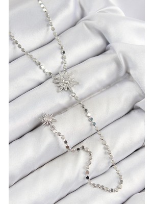 Marsilyan Pirinç Zirkon Taşlı Ezme Zincirli Kutup Yıldızı Model Gümüş Renk Y Kolye