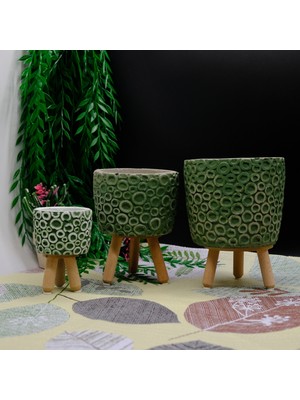 BGG Halka Desenli Dekoratif Ahşap Ayaklı Beton Saksı