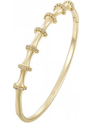 SERENES Zirkon Taşlı Bambu Motifli Çubuk Detaylı  14 Ayar Altın Kaplama Ince Kelepçe Kadın Bilezik