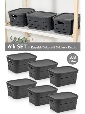 Meleni Home 6'lı Kapaklı Delikli Dekoratif Piramit Saklama Kutusu - Dolap Düzenleyici Organizer 3,8 Lt Antrasit