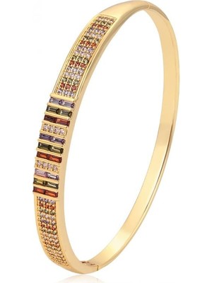 SERENES Prizma Kesim Zirkon Taşlı 14 Ayar Altın Kaplama Lüks Kadın Kelepçe Bilezik