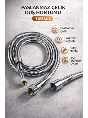 Suvia Duş Hortumu 150 cm Paslanmaz Çelik | 1/2” Standart Uyum | Sızdırmaz ve Esnek
