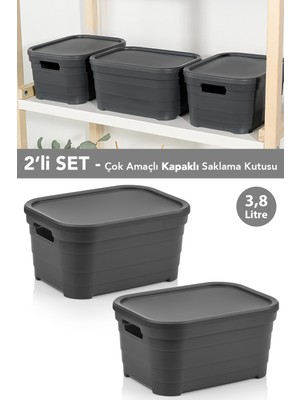 Meleni Home 2 Adet Kapaklı Dekoratif Piramit Saklama Kutusu - Dolap Düzenleyici Organizer 3,8 Litre Antrasit