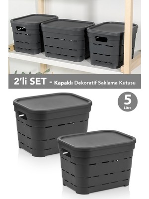 Meleni Home 2'li Kapaklı Delikli Dekoratif Piramit Saklama Kutusu - Dolap Düzenleyici Organizer 5 Lt Antrasit