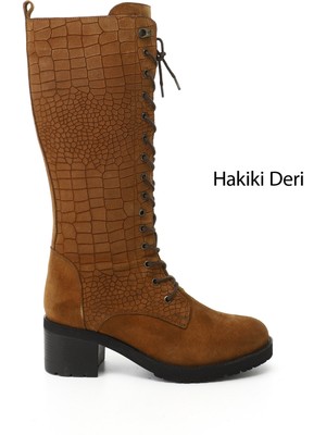 Gönderi(r) Kadın Taba Süet  Fermuarlı Kalın Topuklu Hakiki Deri Postal Çizme