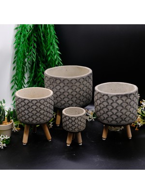 BGG Dalga Desenli Dekoratif Ahşap Ayaklı Beton Saksı Seti