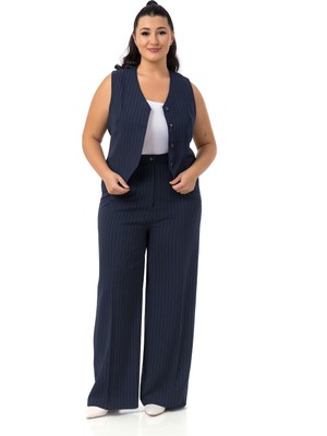 Disentis Modest Büyük Beden Çizgili Yelek Pantolon Lacivert Ikili Takım