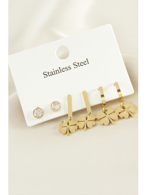 SHC4200 6 Adet Yonca Zirkon Taşlı Lüks Çelik Küpe