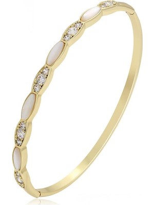 SERENES Zirkon Taşlı ve Sedef Efektli 14 Ayar Altın Kaplama Ince Kelepçe  Kadın Bilezik