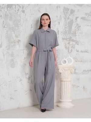 End Black Store Kuşaklı Gömlek Yaka Salaş Tulum Gri S255822