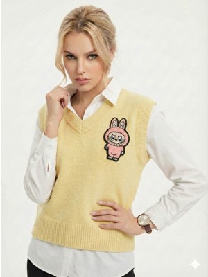 Ribana Classic Kadın Regular Kesim V Yaka Nakışlı Kolsuz Süveter 4858