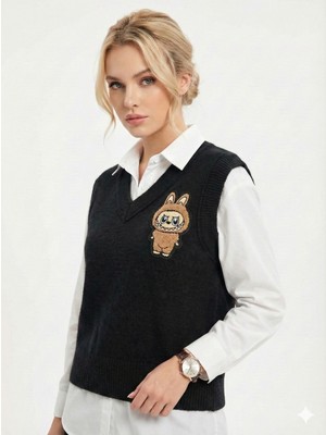 Ribana Classic Kadın Regular Kesim V Yaka Nakışlı Kolsuz Süveter 4858