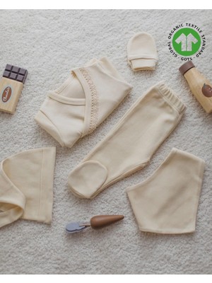 Reva Baby %100 Organik Pamuk Dantelli Yenidoğan Bebek Takımı – 5 Parça – Natural