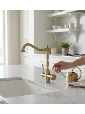 İsaoğlu Yapı Arıtmalı Evye Bataryası Mat Altın Evye Armatürü Avangart Tasarım Arıtıcılara Uygun