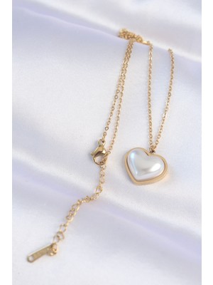 Marsilyan 316L Çelik Zincir Gold Renk Beyaz Taşlı Bubble Kalp Kolye