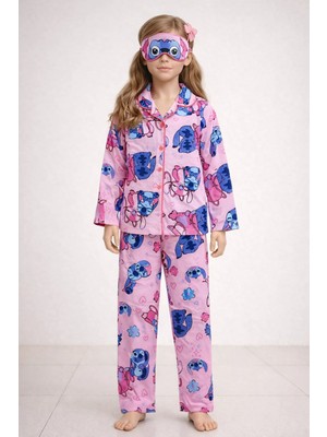 Pistyle Kız Çocuk Stitch Desenli Uyku Bantlı Pembe Mor Uzun Kollu Pijama Takımı