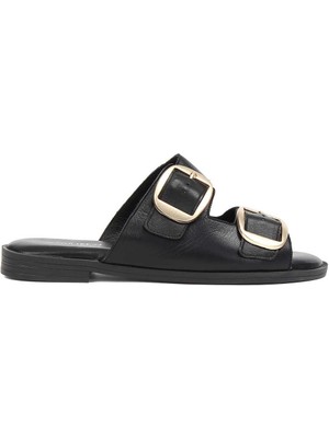 Celal Gültekin Kadın Siyah Çift Tokalı Deri Terlik