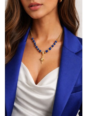 Solare Accessories Altın Kaplama Detaylı Lacivert Yeşim Taşlı Kuzey Yıldızı Kolye