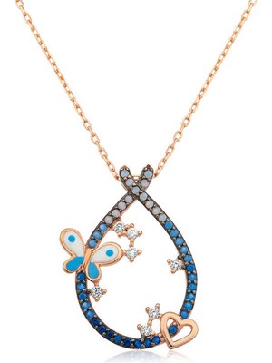 Erseyy 925 Ayar Gümüş Kalpli Kelebekli Damla Kolye