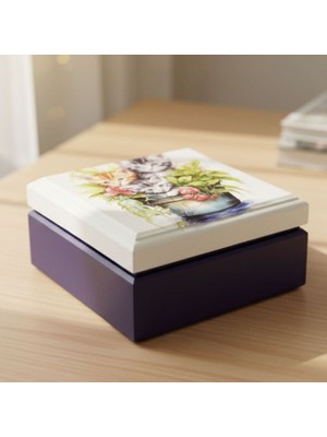 Uretti - Hülya 6683 6206 El Yapımı Nostaljik Retro Kedi Baskılı Kare Ahşap Dekoratif Saklama / Takı Kutusu - Mor