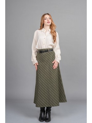 MissVina Premium Çizgili Kaşe Etek – Kemer Detaylı, Düz Bel, Modern Kesim 6853
