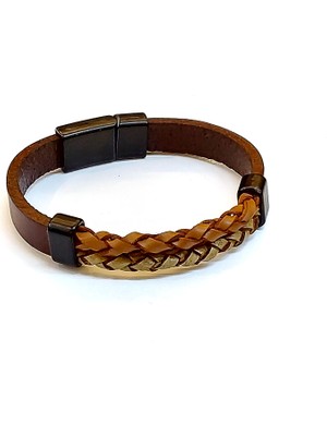 Herşey Nota Amber Braid – Taba Ton Örgü Detaylı Kahverengi Deri Erkek BILEKLIK-1429