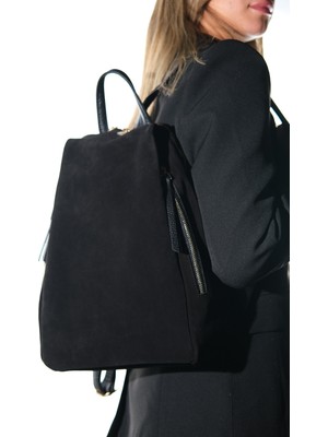 Luvi Josh Siyah Süet Hakiki Deri Kadın Sırt Çantası