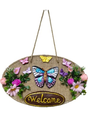 Mixperi El Yapımı Jüt Kumaşlı Kelebek ve Çiçek Detaylı "welcome" Kapı Süsü - Askılı Welcome Panosu