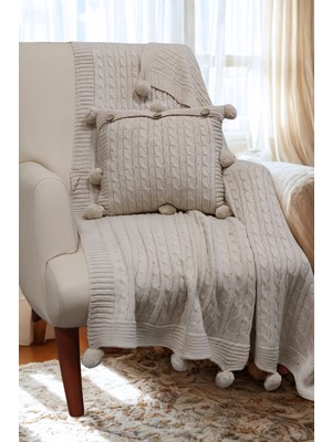 Sevim 2'li Takım Ponponlu Triko Örme Kırlent Kılıfı & Tv Battaniyesi- Omuz & Koltuk Şalı Seti-Koyu Krem