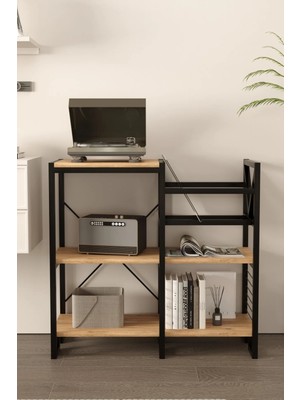 Boz Concept Home Ev Mobilya Düzenleyici Plaklık Dekoratif Metal Gövdeli Ahşap Raflı Pikap Gramafon Plak Düzenleyici