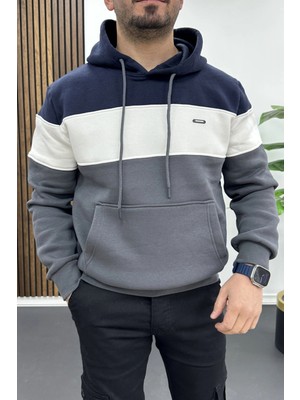 Edwox Erkek Slim Fit Renk Bloklu Kapüşonlu Sweatshirt Lacivert EDW438