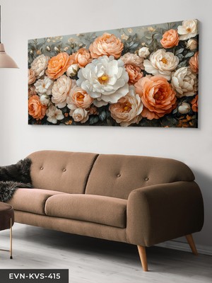 Evine Moda Beyaz ve Turuncu Çiçekler Tek Parça Kanvas - Canvas Tablo