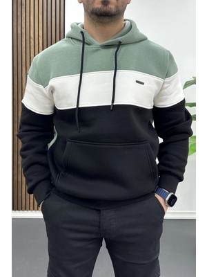 Edwox Erkek Slim Fit Renk Bloklu Kapüşonlu Sweatshirt Açık Yeşil EDW438