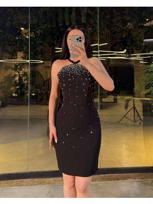 Astella Halter Yaka Taş Işlemeli Mini Boy Elbise Abiye Siyah