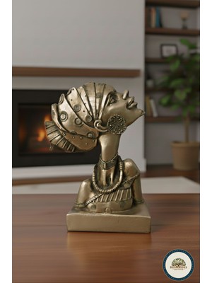 Hesperides Souvenirs Bronz Antik Etnik Kadın Büstü - Dekoratif Afrika Esintili Büyük Boy Heykel Biblo 30X20