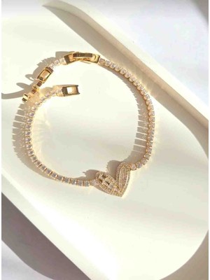 Güneş Takı Kalpli Zirkon Taşlı Gold Su Yolu Bileklik –taşlı Çelik Bileklik