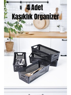 Bambus Home 4’lü Gri Mutfak Çekmece Içi Düzenleyici – Kaşık Çatal Bıçak Organizeri, Plastik Düzenleme Kutusu