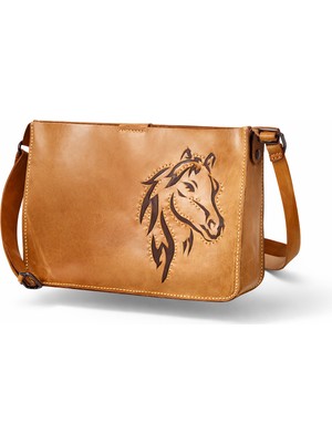 Matur Leather El Işlemeli Hakiki Deri Omuz Çantası | At Motifli