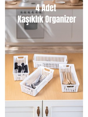 Bambus Home 4’lü Beyaz Mutfak Çekmece Içi Düzenleyici – Kaşık Çatal Bıçak Organizeri, Plastik Düzenleme Kutusu