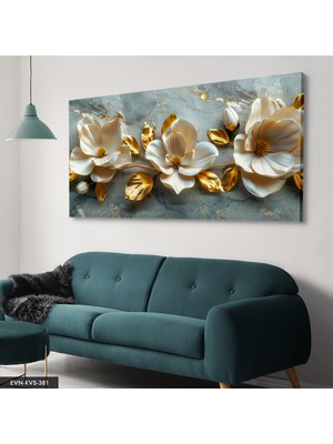 Evine Moda Gold Yapraklı Krem Çiçekler Tek Parça Kanvas - Canvas Tablo
