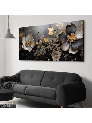 Evine Moda Altın ve Siyah Çiçek Desenli Modern Tek Parça Kanvas - Canvas Tablo
