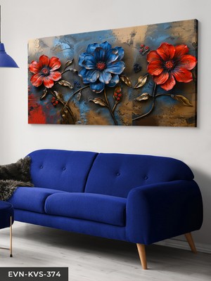 Evine Moda Mavi Kırmızı Çiçek Tek Parça Kanvas - Canvas Tablo