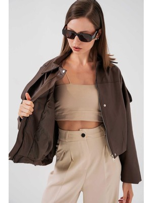 Tena Kadın Kahve Omzu Apolet Detaylı Deri Ceket