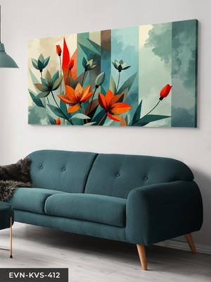 Evine Moda Kırmızı ve Yeşil Çiçekli Soyut Sanat Tek Parça Kanvas - Canvas Tablo
