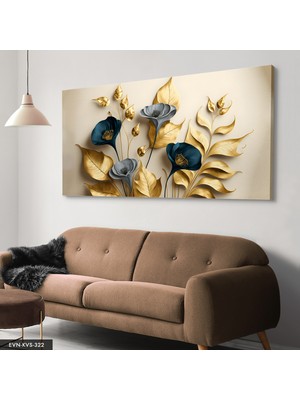 Evine Moda Zarif Altın ve Mavi Çiçekler ile Dallar Tek Parça Kanvas - Canvas Tablo